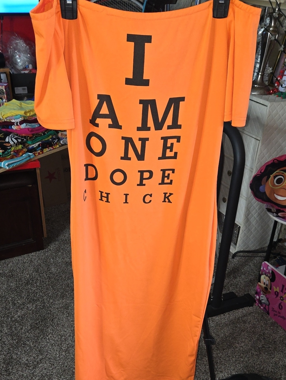 Orange Off-Shoulder Maxi Dress with Bold Black Text